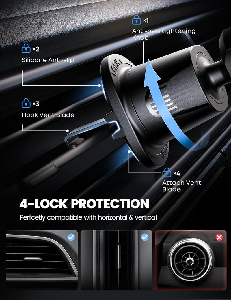 Lamicall 2025 Wider Clamp & Metal Hook Car Phone Holder Vent [Thick Cases Friendly] Phone Holders for Your Car Mount Automobile Hands Free Cradle Air Vent for iPhone 17 16 15 Pro Max Dark Grey - Image 4